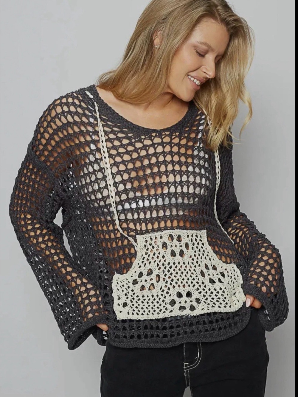 POL POL Boho open-knit crochet long-sleeve sweater Kangaroo Lace Pocket Size L